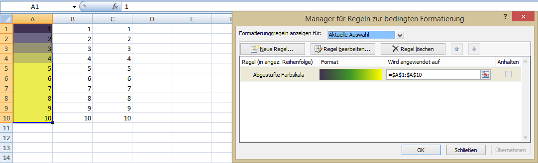 Manager für Regeln zur bedingten Formatierung