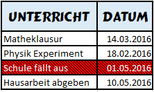 Tabelle mit großer Überschrift