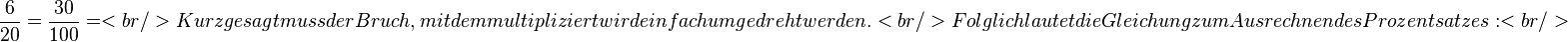 \frac{6}{20} = \frac{30}{100}=
<br />
Kurz gesagt muss der Bruch, mit dem multipliziert wird einfach umgedreht werden.<br />
Folglich lautet die Gleichung zum Ausrechnen des Prozentsatzes:
<br />