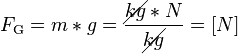F_\text{G} = m * g = \frac{\cancel{kg}*N}{\cancel{kg}} = [N] 