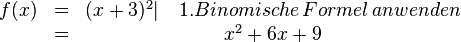 
\begin{matrix}
f(x)&=&(x+3)^2 |\,\,\,\,\,\,1. Binomische\, Formel\, anwenden \\ &=&x^2+6x+9
\end{matrix}
