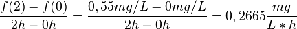  \frac {f(2) - f(0)}{2 h - 0 h} = \frac {0,55 mg/L - 0 mg/L}{2 h - 0 h} = 0,2665 \frac{mg}{L * h}