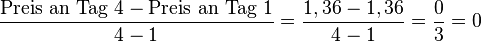 \frac{\text{Preis an Tag 4} - \text{Preis an Tag 1}}{4-1}= \frac{1,36  -1,36 }{4-1}= \frac{0}{3}= 0 